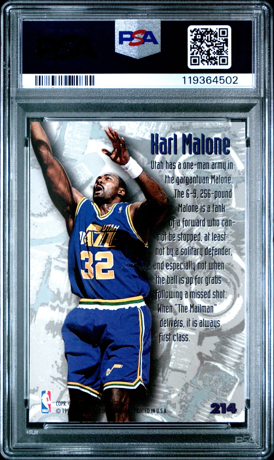 1995 Metal Karl Malone #214 Gem Mt 10 back