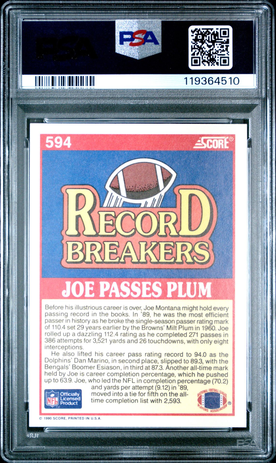 1990 Score Joe Montana #594 Gem Mt 10 back