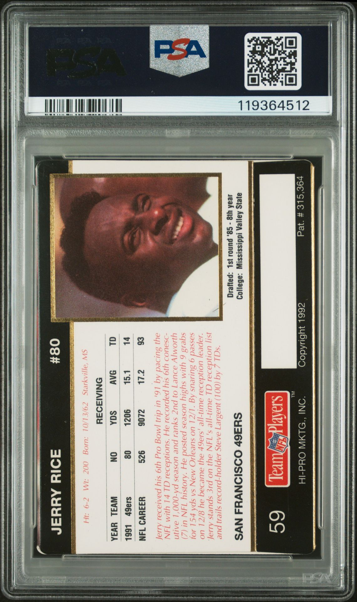 1992 Action Packed Rookie Update Jerry Rice #59 (Rookie Update) Mint 9 back