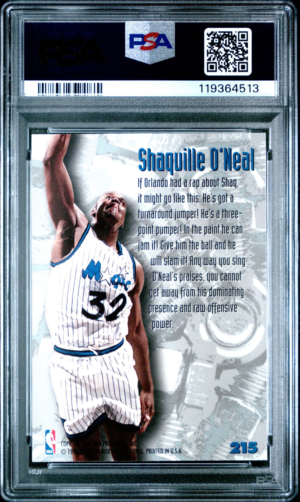 1995 Metal Shaquille O'neal #215 Mint 9 back