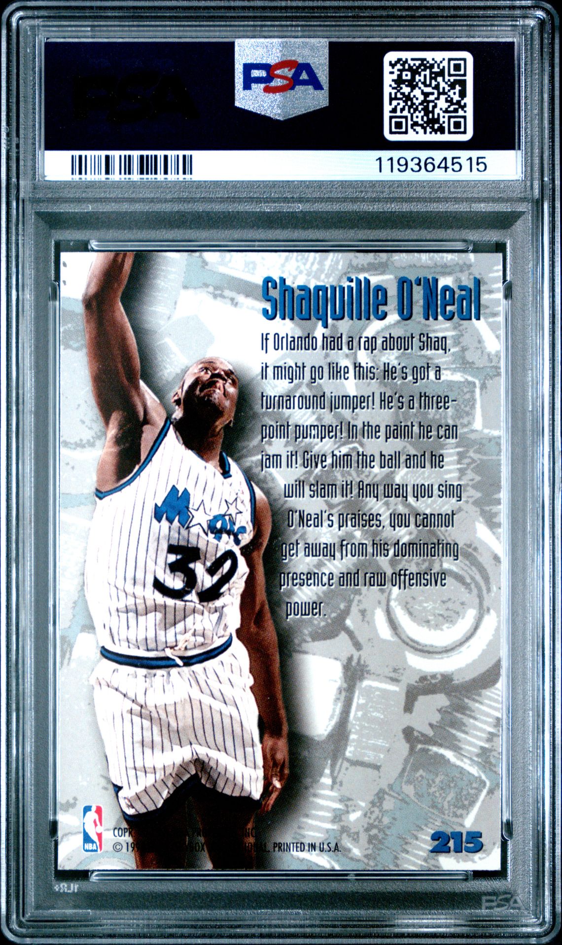 1995 Metal Shaquille O'neal #215 Mint 9 back