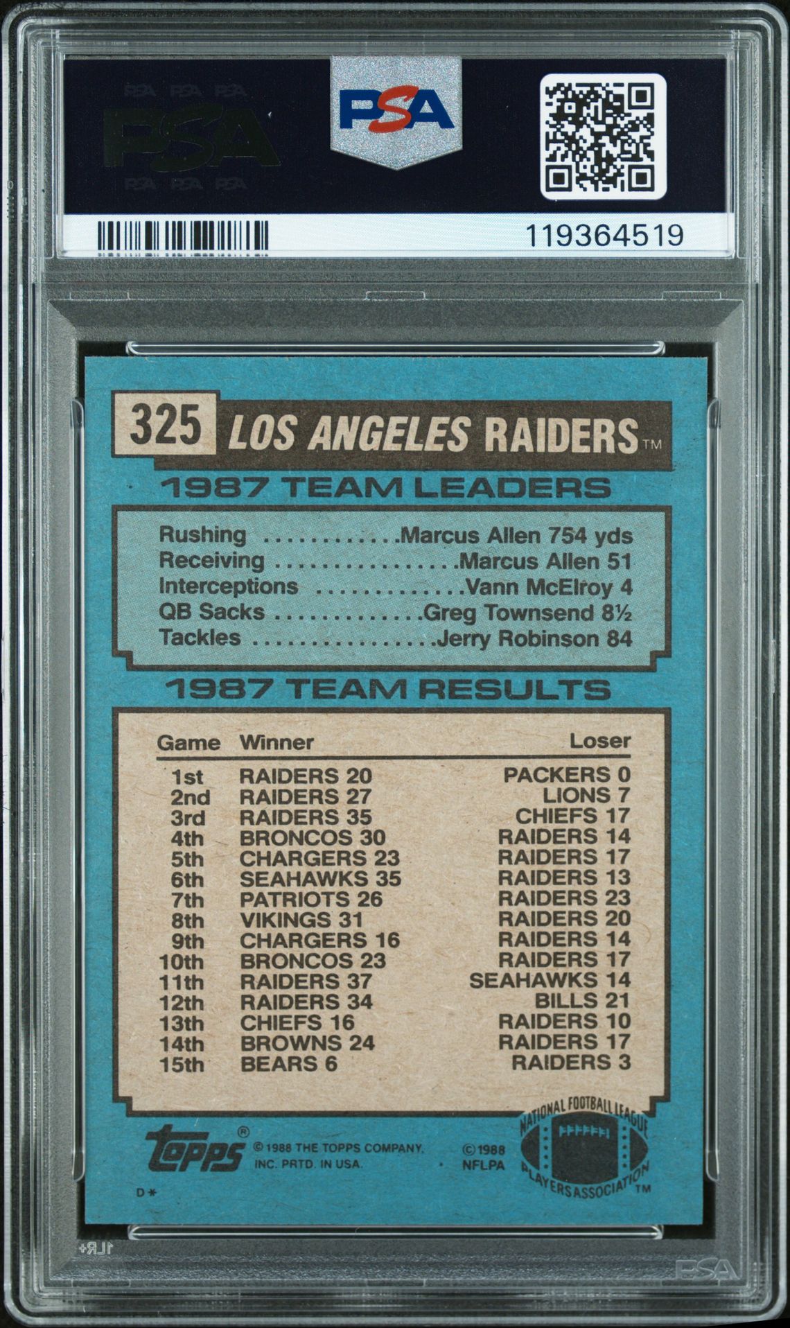 1988 Topps Raiders Team Ldrs. #325 (Bo Jackson All Alone) Nm 7 back