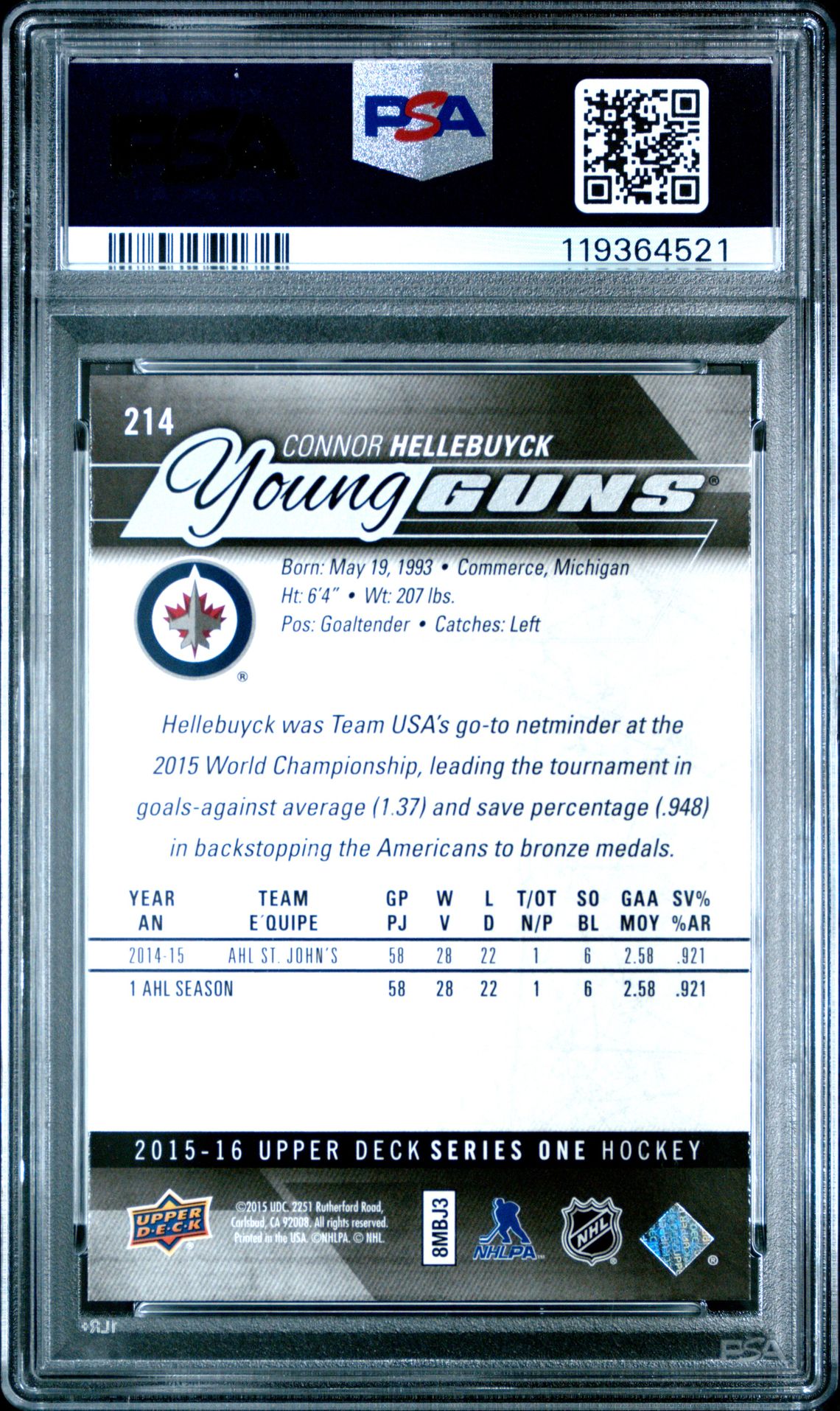 2015 Upper Deck Connor Hellebuyck #214 Mint 9 back