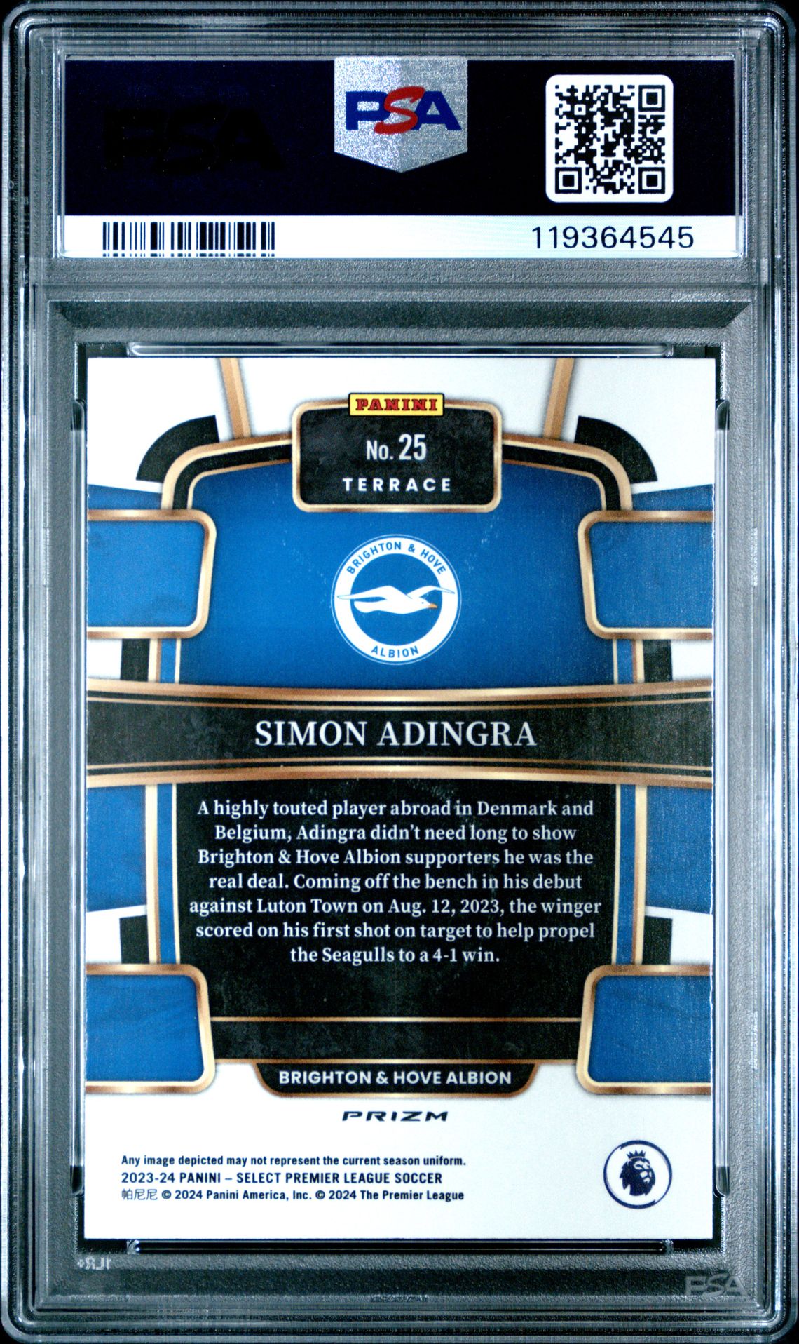 2023-24 Panini Select Premier League Simon Adingra #25 (Pink Ice) Gem Mt 10 back