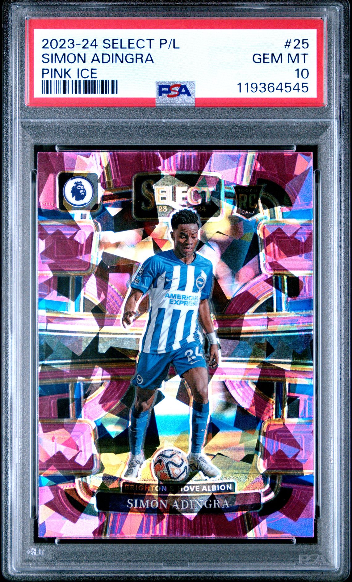 2023-24 Panini Select Premier League Simon Adingra #25 (Pink Ice) Gem Mt 10 front