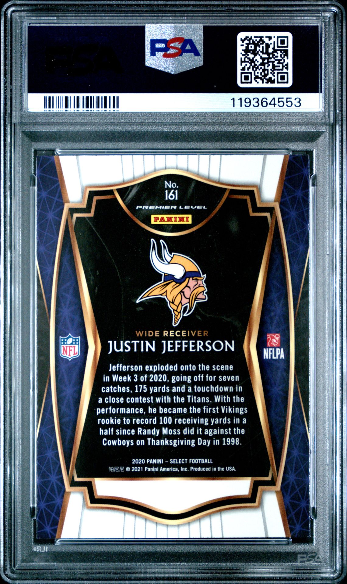 2020 Panini Select Justin Jefferson #161 Gem Mt 10 back