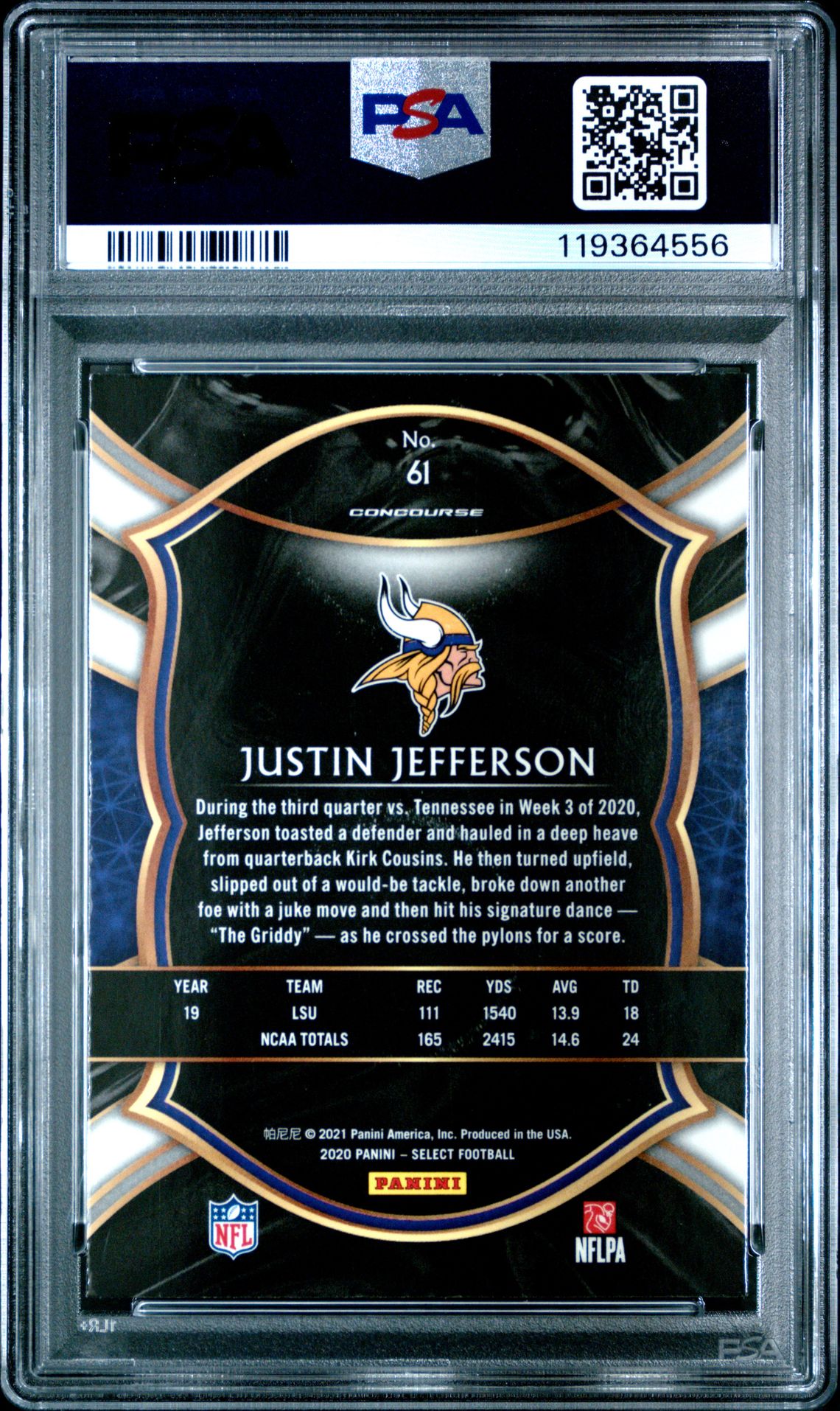 2020 Panini Select Justin Jefferson #61 Gem Mt 10 back