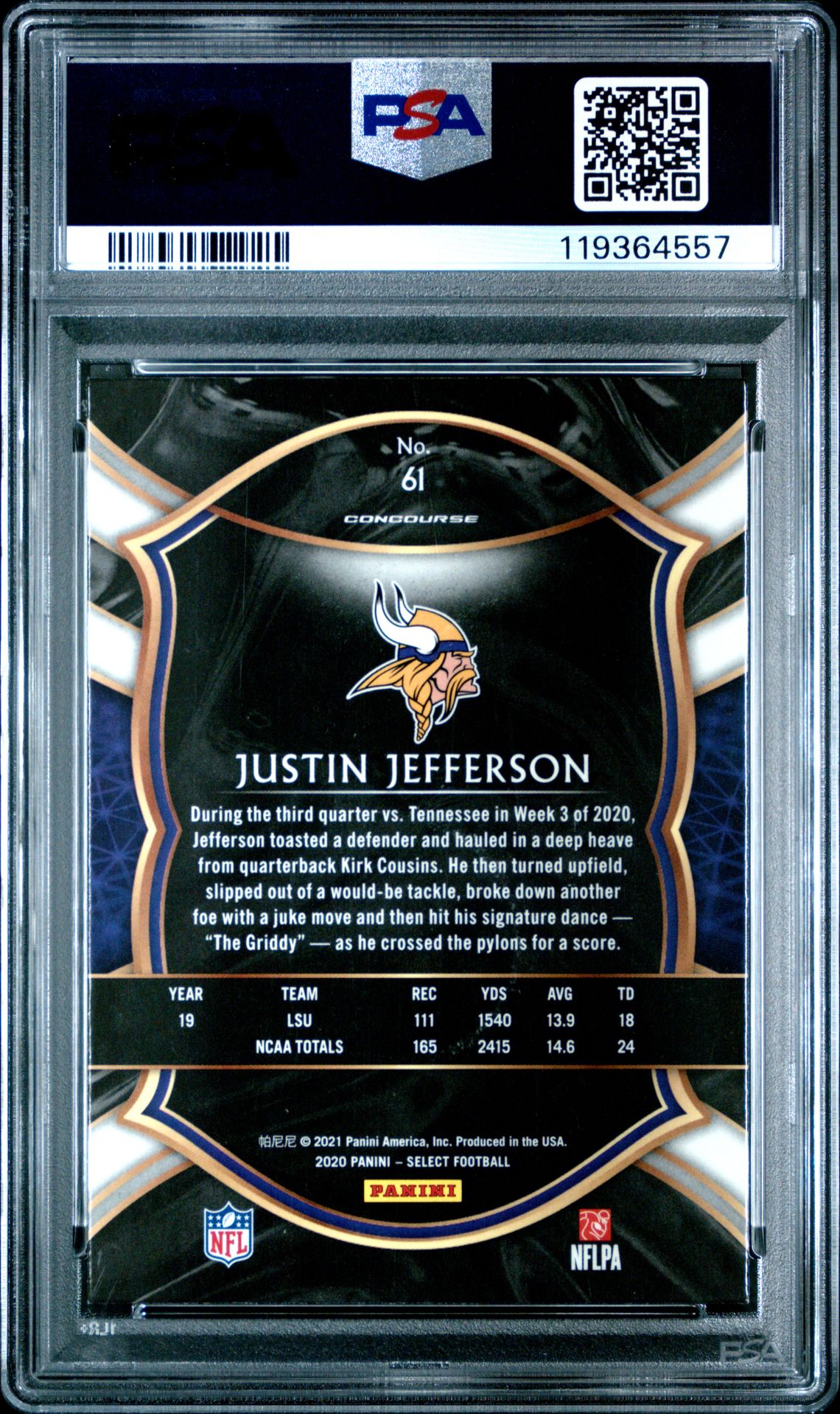 2020 Panini Select Justin Jefferson #61 Gem Mt 10 back