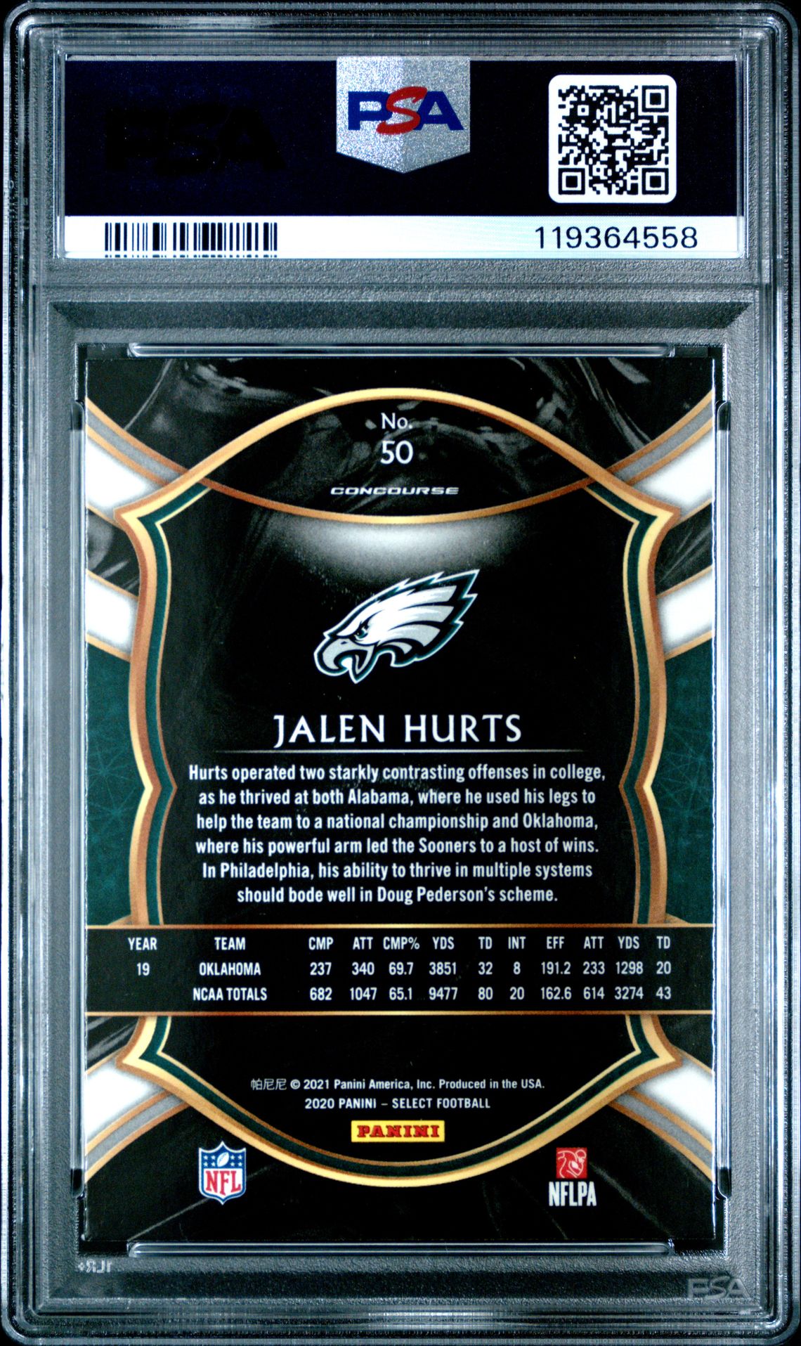 2020 Panini Select Jalen Hurts #50 Gem Mt 10 back