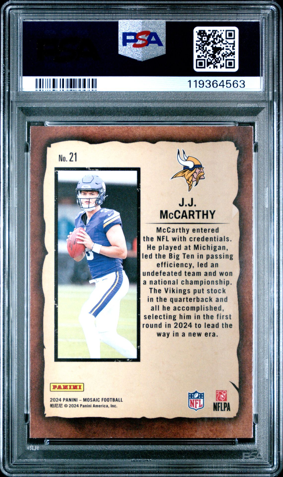 2024 Panini Mosaic Notoriety Jj Mccarthy #21 Gem Mt 10 back