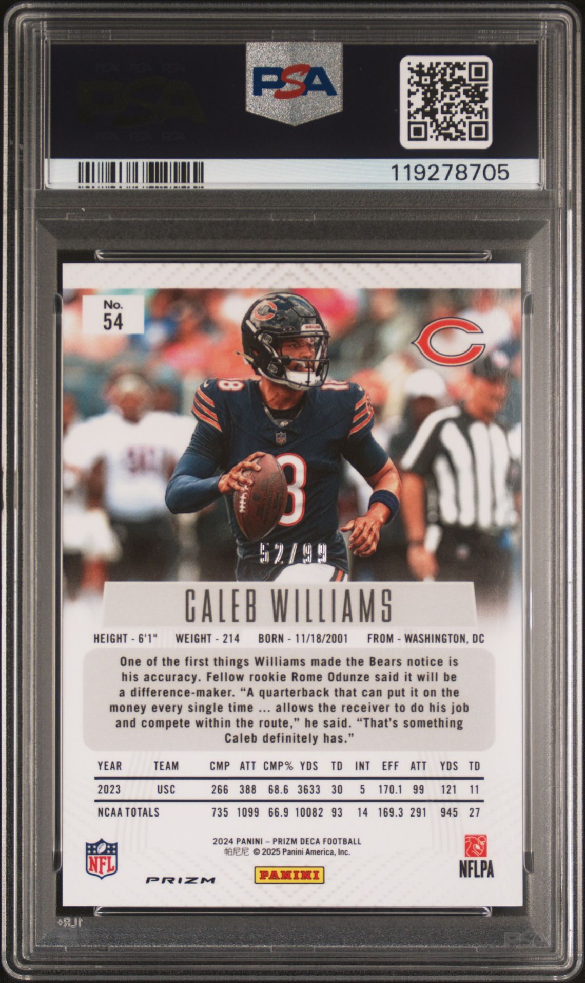 2024 Panini Prizm Deca Caleb Williams #54 (Purple Prizm) Mint 9 back