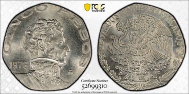 1976-Mo 5 Peso Large date MS65