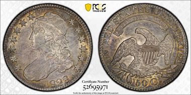 1828 50C Square 2, Small 8s, Lg. Letters AU58