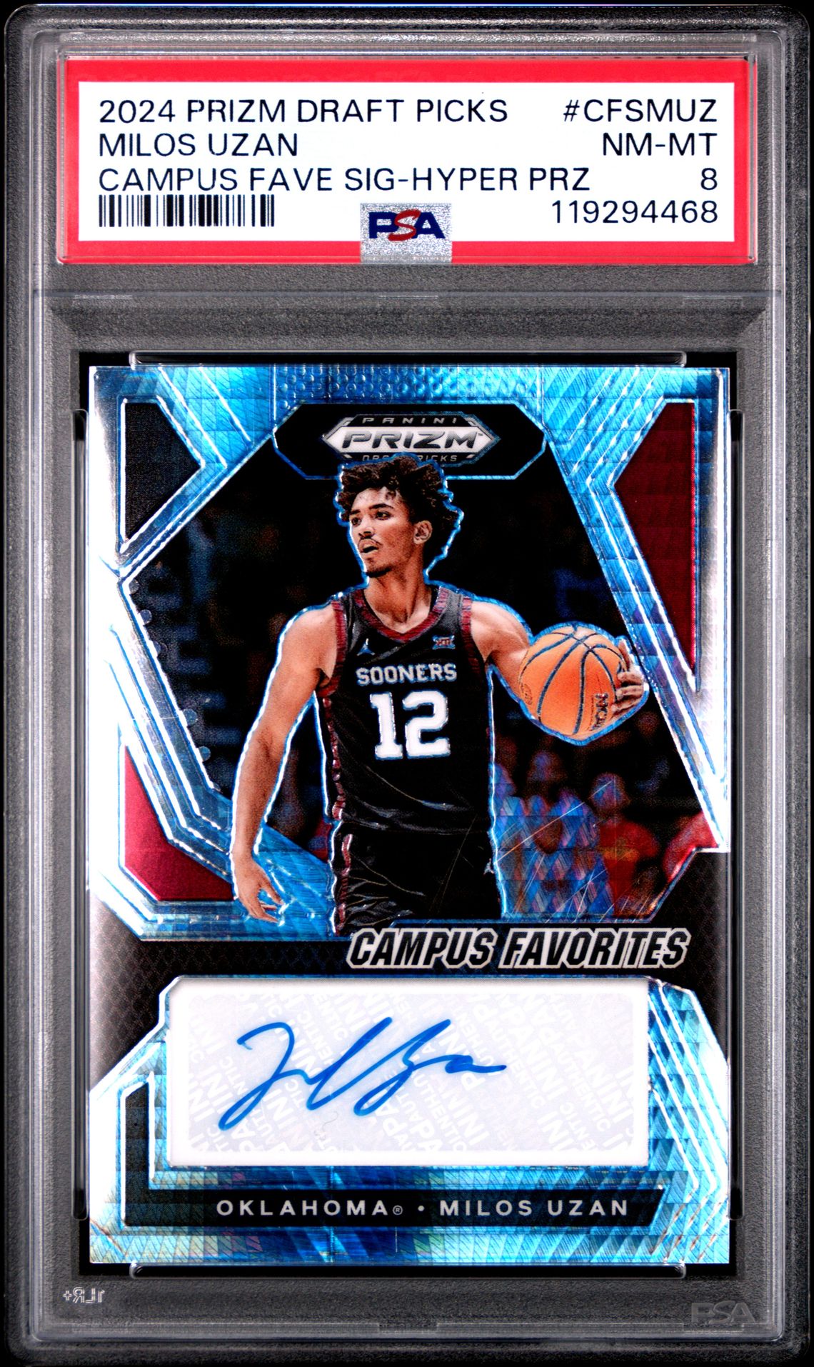 2024 Panini PANINI PRIZM DRAFT PICKS CAMPUS FAVORITES SIGNATURES CAMPUS FAVE SIG-HYPER PRZ #CFSMUZ Milos Uzan front