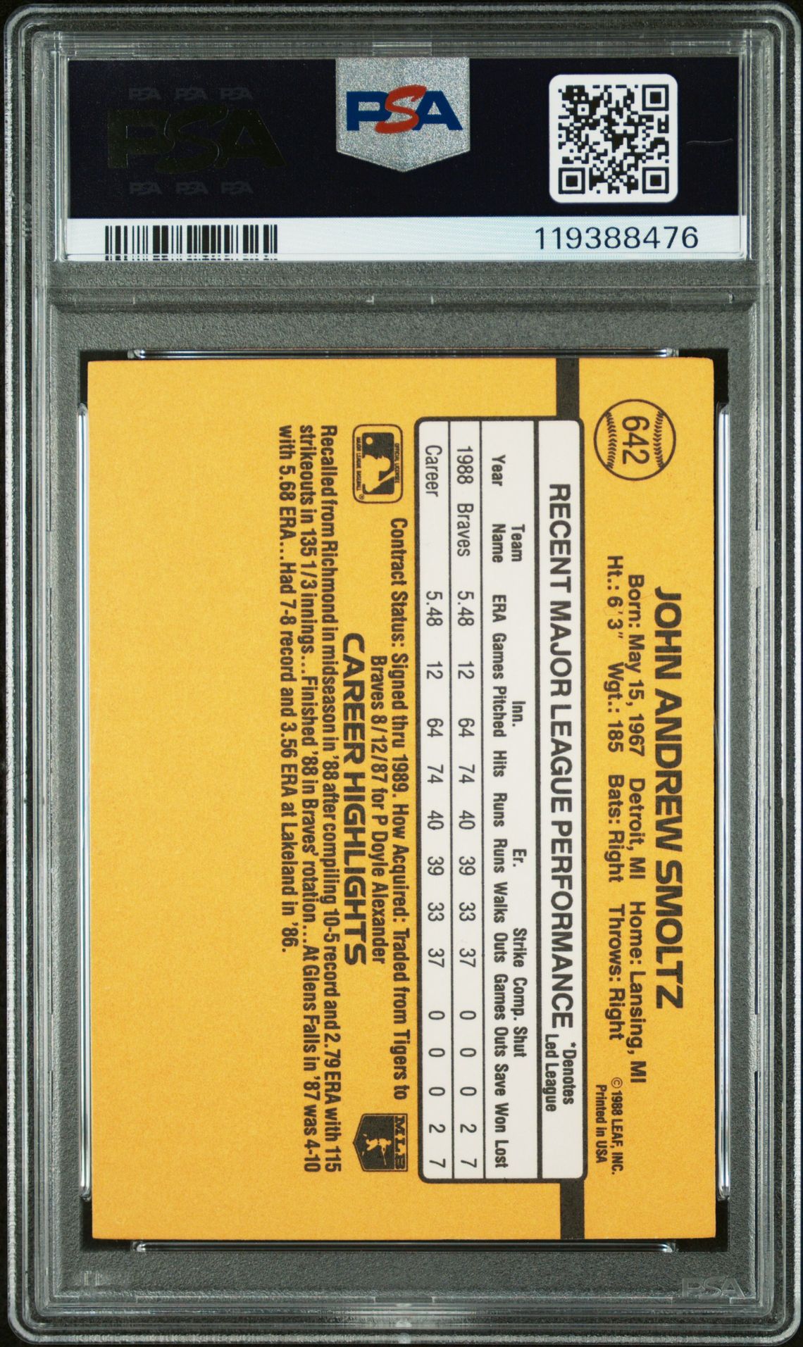 1989 Donruss John Smoltz #642 Nm-Mt 8 back