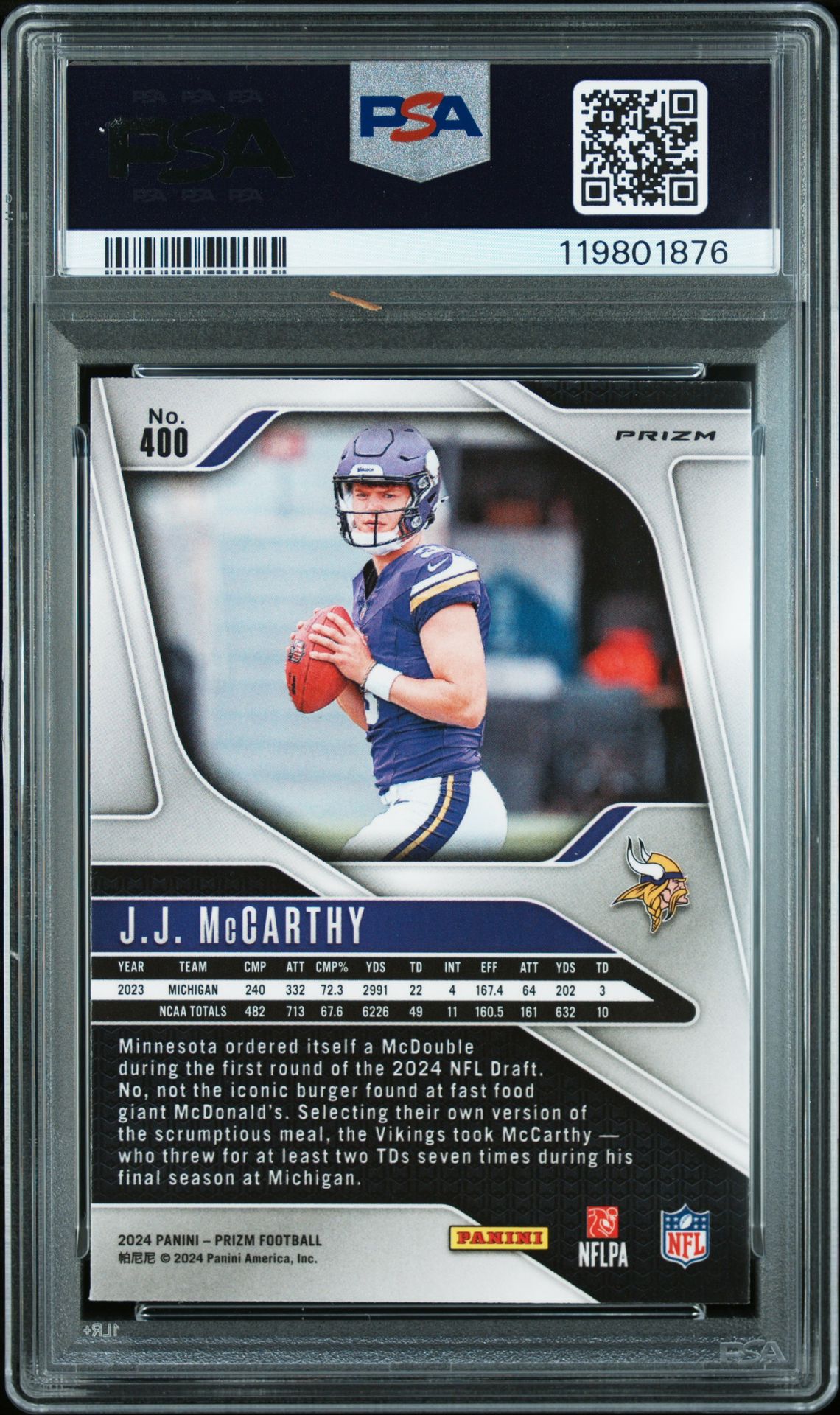 2024 Panini Prizm Jj Mccarthy #400 (Lazer Prizm) Mint 9 back