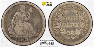 1837 10C Seated, Large Date N1