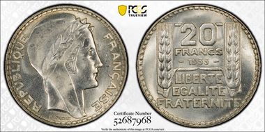 1933 20 Fr Gad-852 Rameaux longs F-400 MS65