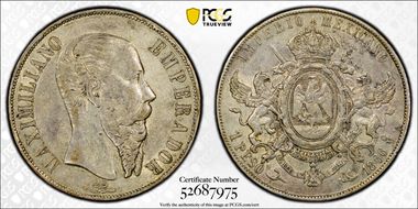 1866-Mo Peso Maximilian KM-388.1  Ag AU50