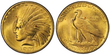 1907 $10 Indian, Rolled Edge MS67