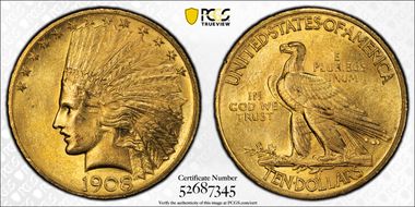1908 $10 Motto MS62