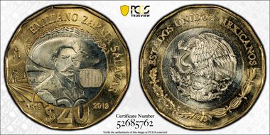 "2019" (2021)Mo 20 Peso Emiliano Zapata Salazar Centenary of Death MS65