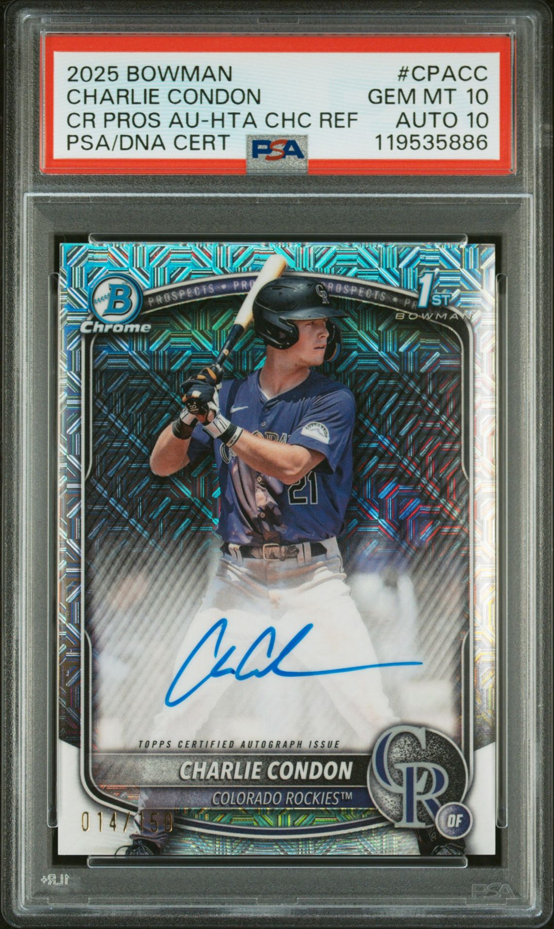 2025 Bowman BOWMAN CHROME PROSPECT AUTOGRAPHS CR PROS AU-HTA CHC REF #CPACC Charlie Condon front