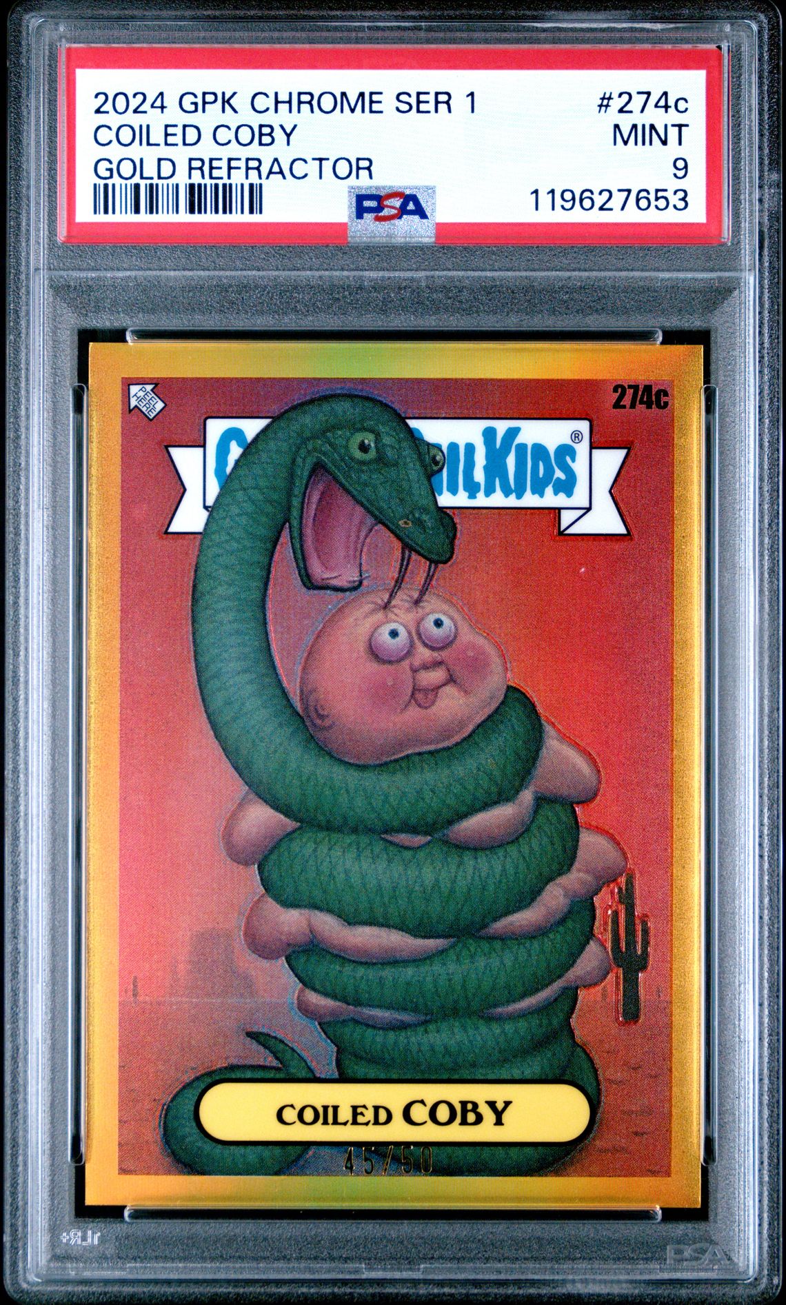 2024 Topps TOPPS CHROME GARBAGE PAIL KIDS ORIGINAL SERIES 7 GOLD REFRACTOR #274C Coiled Coby front