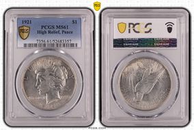 1921 $1 High Relief, Peace MS61