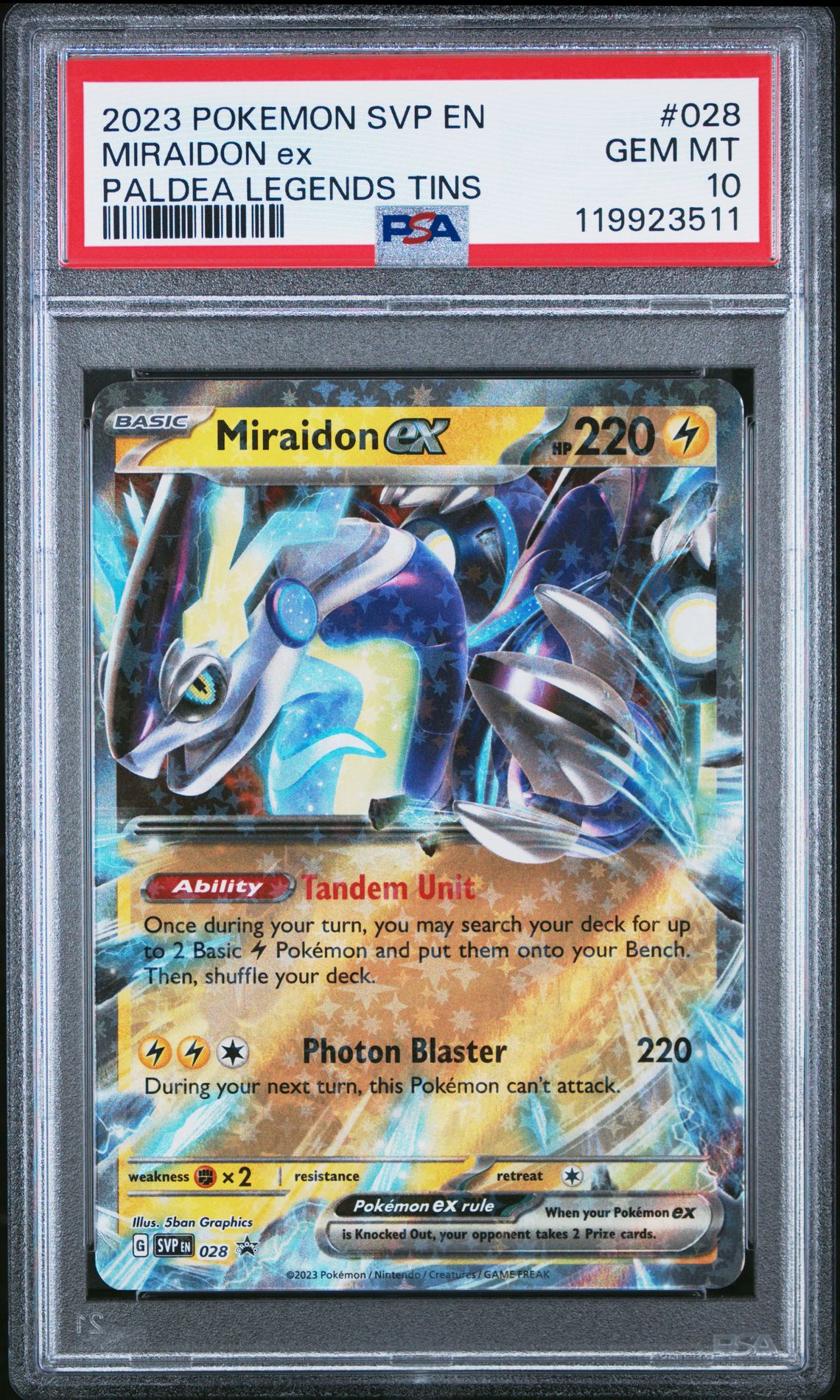 2023 Pokemon POKEMON SVP EN-SV BLACK STAR PROMO PALDEA LEGENDS TIN #028 Miraidon Ex front