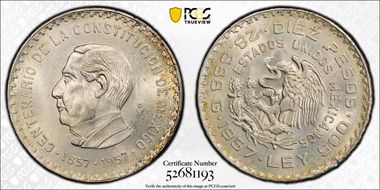 1957-Mo 10 Peso 100 Years - Constitution KM-475  Ag MS66