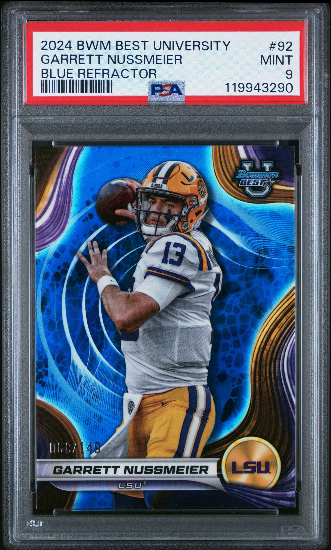 2024 Bowman BOWMAN BEST UNIVERSITY BLUE REFRACTOR #92 Garrett Nussmeier front