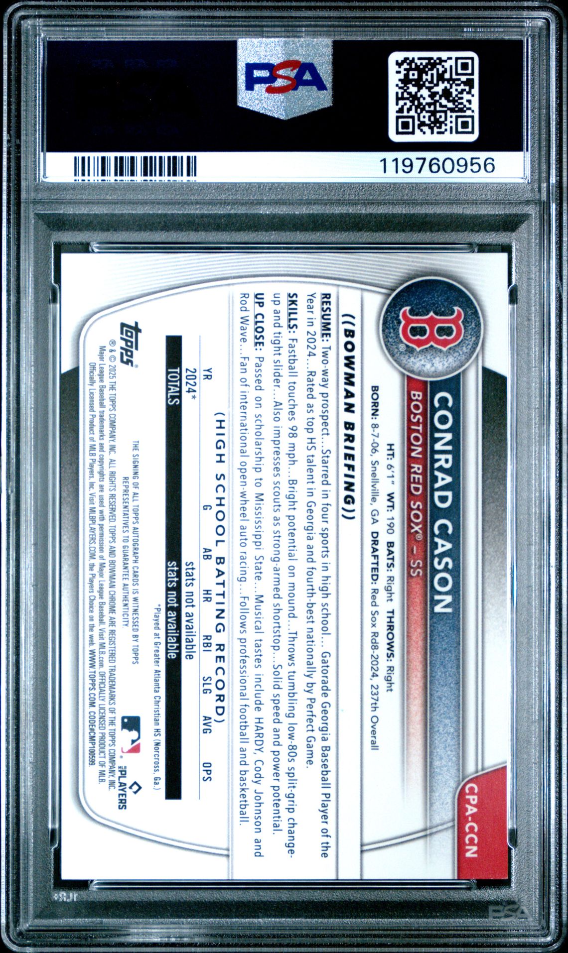 2025 Bowman Chrome Prospect Autographs Conrad Cason #Cpaccn Mint 9 back