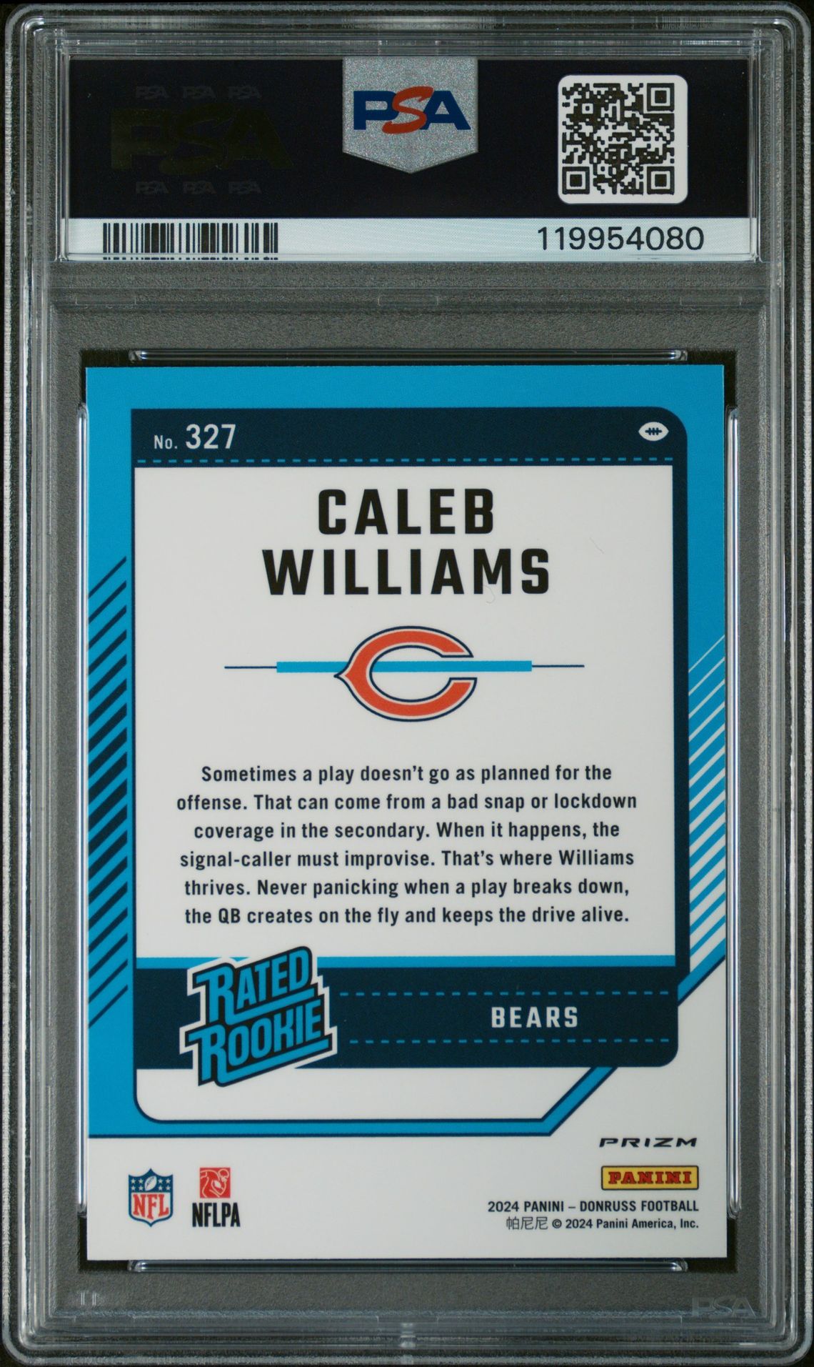 2024 Panini Donruss Caleb Williams #327 (Optic Preview-Pink) Gem Mt 10 back view - PSA certificate #119954080