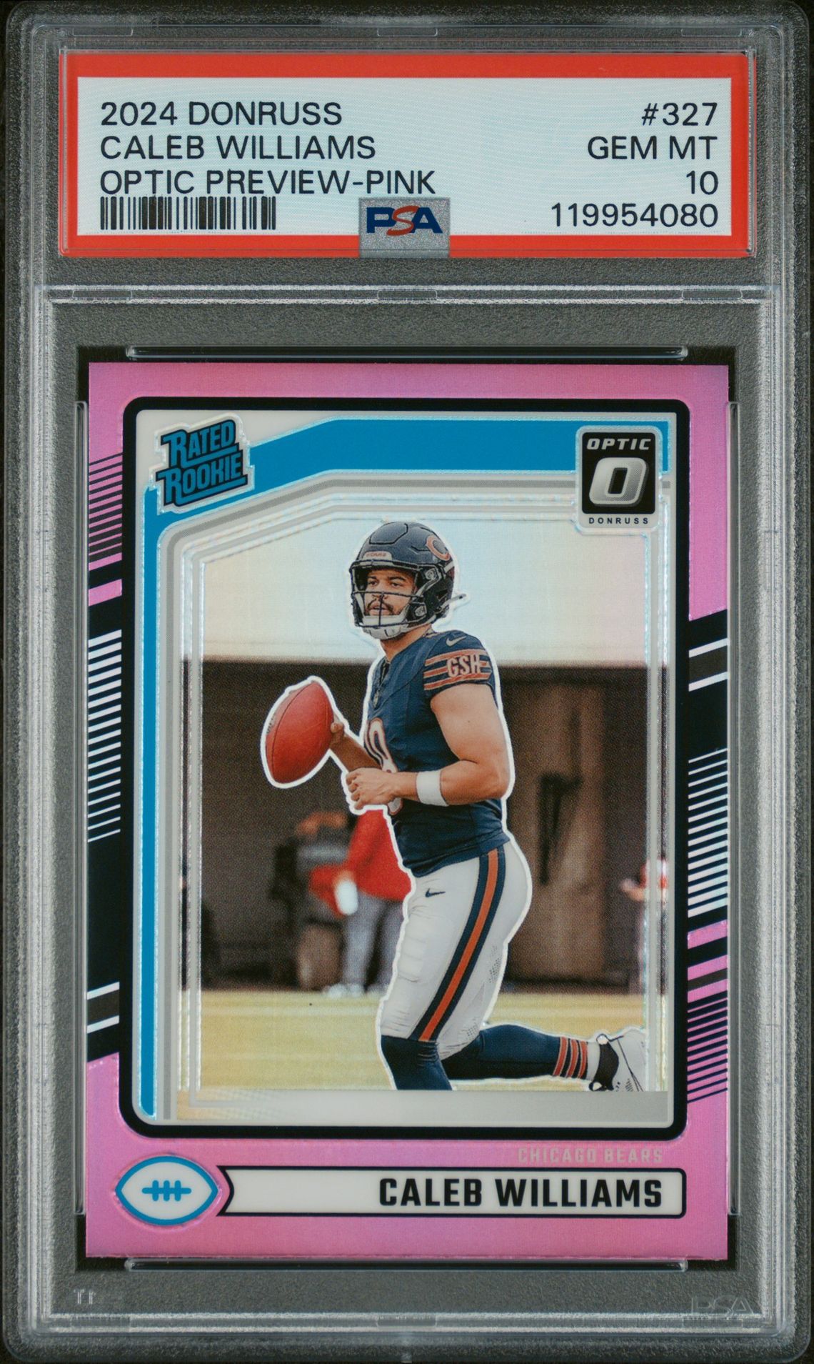 2024 Panini Donruss Caleb Williams #327 (Optic Preview-Pink) Gem Mt 10 front view - PSA graded GEM MT 10