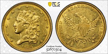 1834 $5 Classic Head, Plain 4 MS61