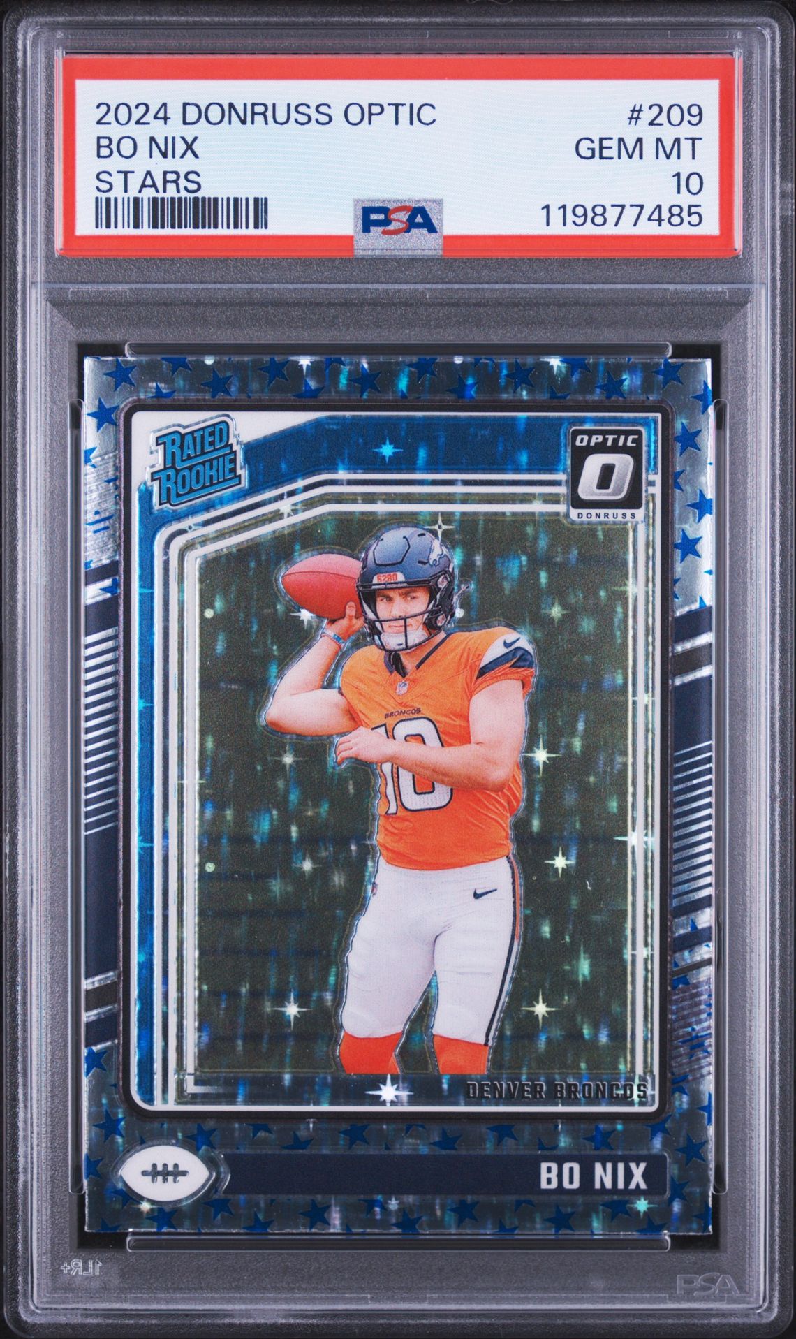 2024 Panini Donruss Optic Bo Nix #209 (Stars) Gem Mt 10 front view - PSA graded GEM MT 10