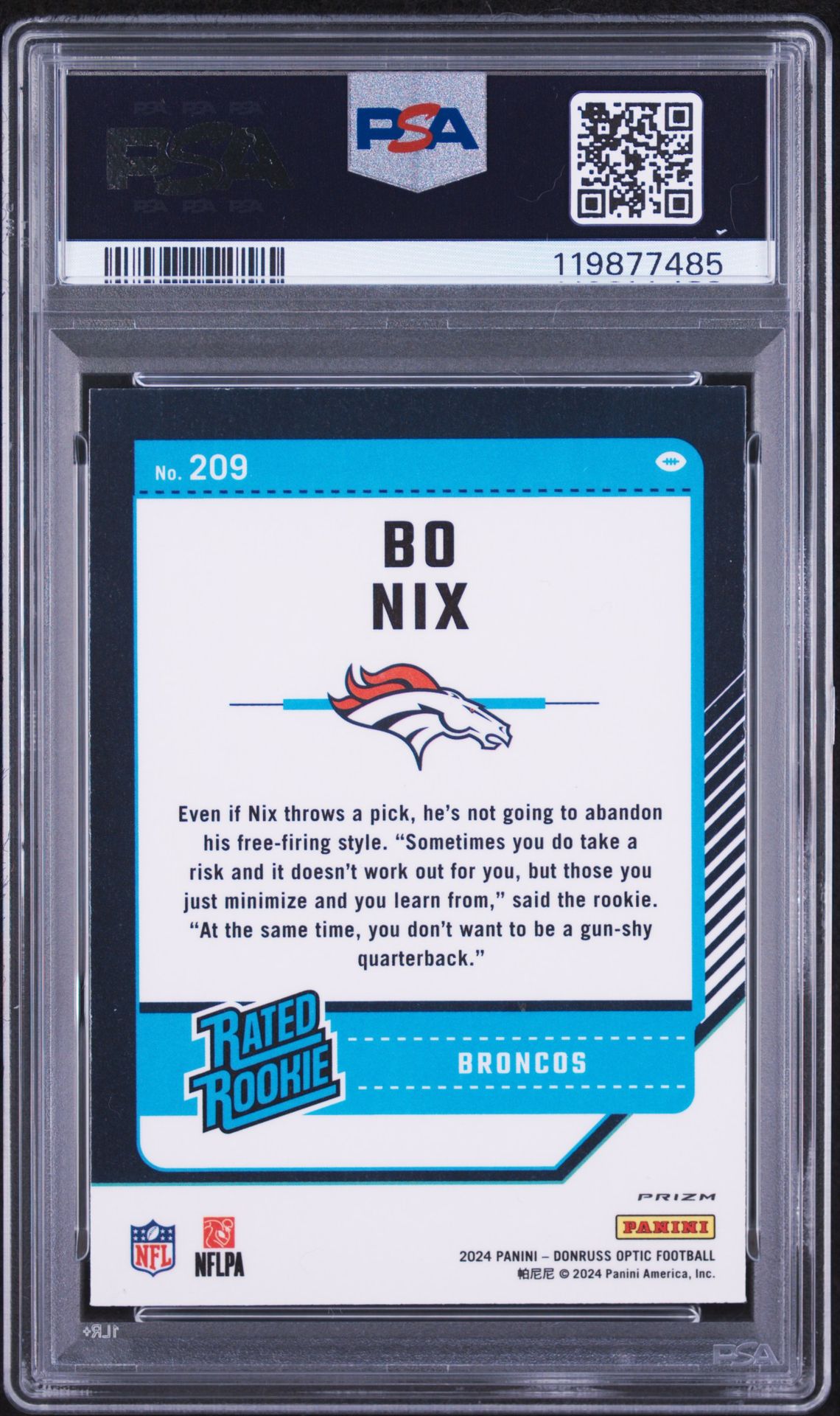 2024 Panini Donruss Optic Bo Nix #209 (Stars) Gem Mt 10 back view - PSA certificate #119877485