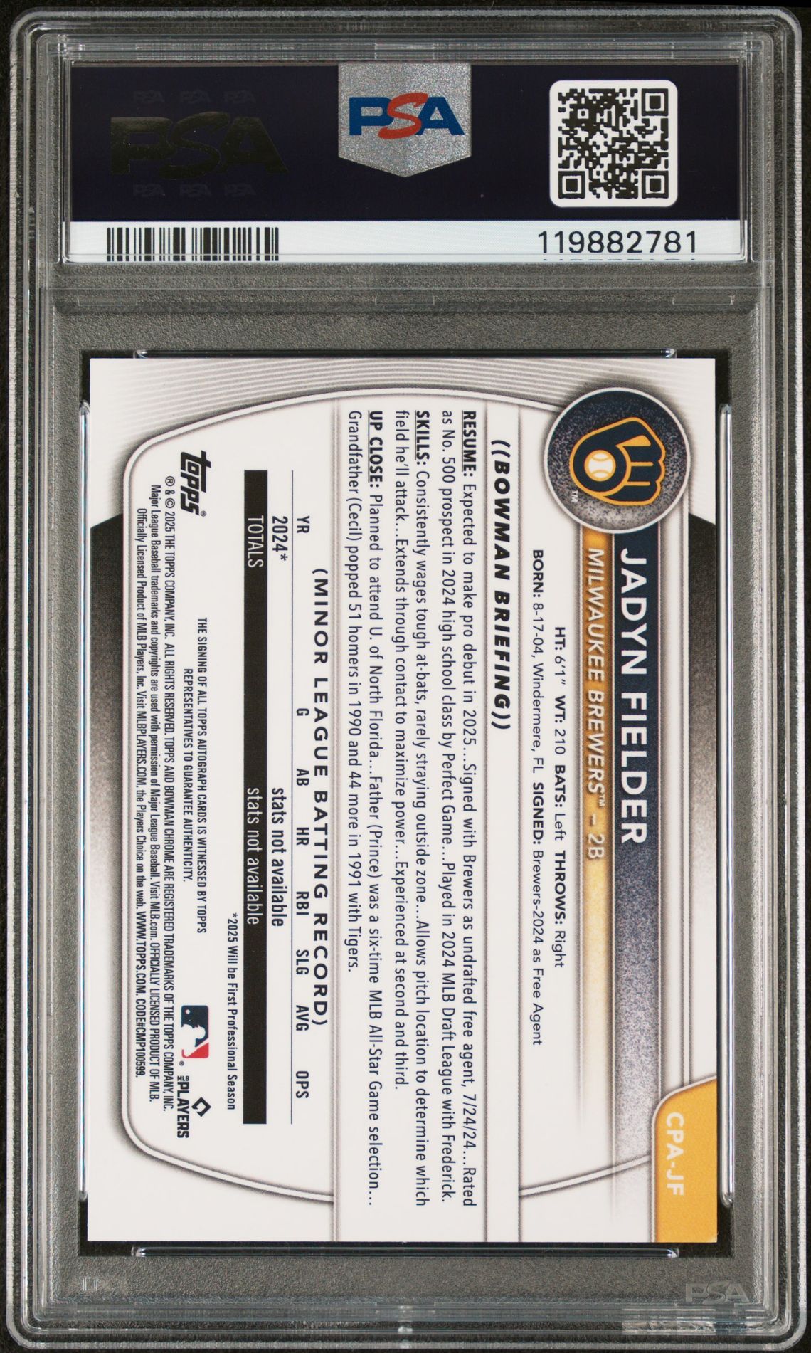 2025 Bowman Chrome Prospect Autographs Jadyn Fielder #Cpajf Mint 9 back