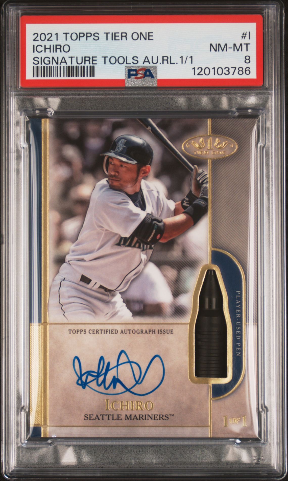 2021 Topps TOPPS TIER ONE SIGNATURE TOOLS AUTOGRAPH RELICS 1/1 SIGNATURE TOOLS AU.RL.1/1 #I Ichiro front