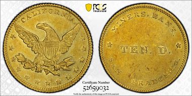 (1849) $10 Miners' Bank MS62
