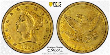 1851 $10 Baldwin & Co. AU58