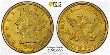 1849 $5 Moffat & Co. MS63