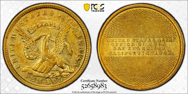 1852 $10 U.S. Assay Office AU58+