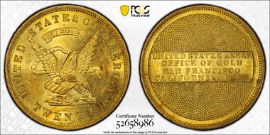 1853 "884" $20 U.S. Assay Office MS63