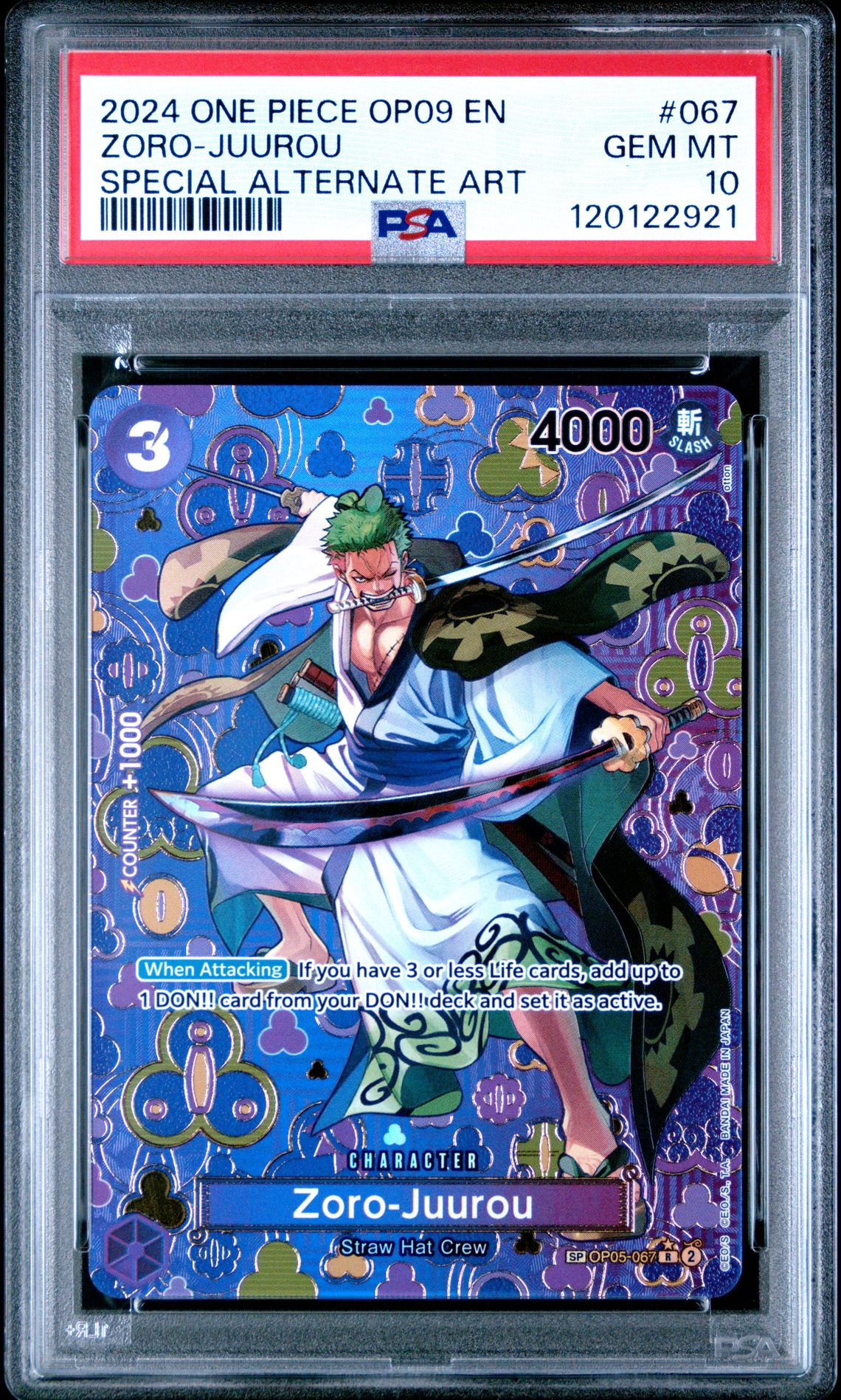 2024 ONE PIECE OP09-EMPERORS IN THE NEW WORLD ZORO-JUUROU SPECIAL ALTERNATE ART 067 GEM MT 10 front