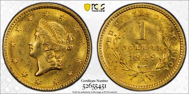 1849 G$1 Open Wreath MS63+