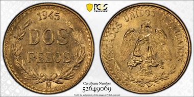 1945-Mo 2 Peso KM-461  Au MS66