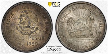 1950-Mo 5 Peso Southeastern Railroad KM-466  Ag MS62