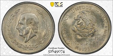 1952-Mo 5 Peso Hidalgo KM-467  Ag MS63